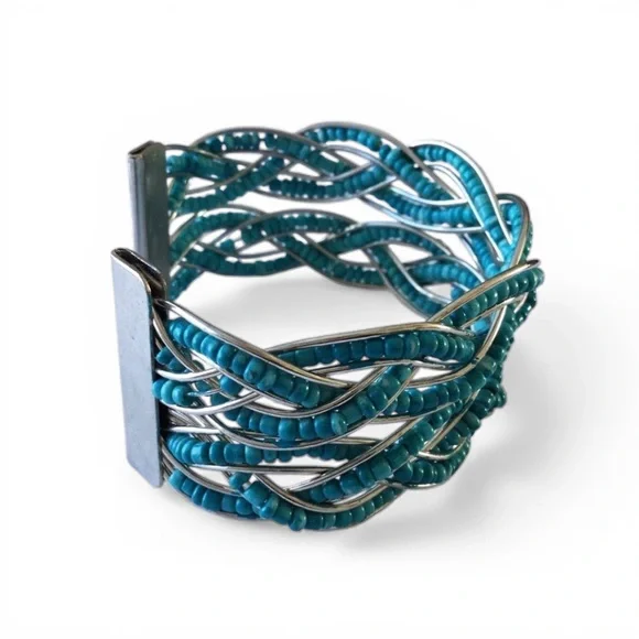 🌻 Braided Seed Bead Cuff Bracelet- Teal & Silver - Picture 5 of 12